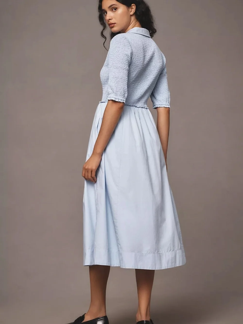 Maeve Light Blue smocked Bodice Midi Dress - Picture 3 of 5